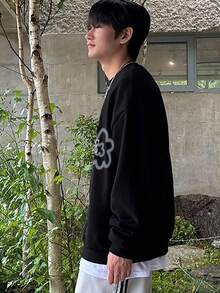 DAZY Men's Floral Print Thermal Lined Pullover Sweatshirt, Autumn/Winter - Black - View 2