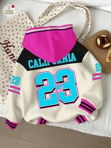SHEIN Leap Crew Tween Girl Casual Retro Letter & Number Badge Graphic Loose Fit Sweatshirt,Sporty College Style Beige Autumn Streetwear School Back-To-School Y2k - Multicolor - View 3