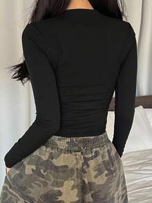 DAZY 女式纯色修身短款休闲夹克秋冬 - 黑色 - 查看 3