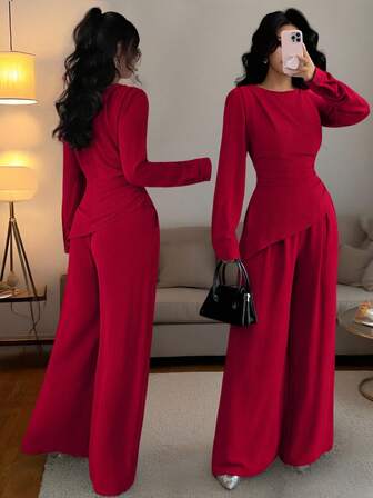 Rafferiza 2 st kvinnor enfärgat veck- och asymmetriskt långärmat set