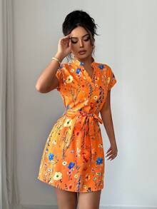 SHEIN LUNE 女式休闲印花腰带短款连衣裙 - 橘色 - 查看 6
