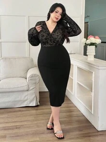 Modelyn Plus Size Women Flocked Mesh Twist Bodycon Dress, Long Sleeve - Black - View 3