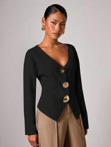 COSMINA Cárdigan de mujer elegante con botones de metal en escote en V, para otoño/invierno