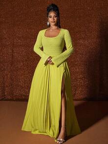Maweii Plus Size Women Spring Ruffle High Slit Long Sleeve Dress - Green - View 3