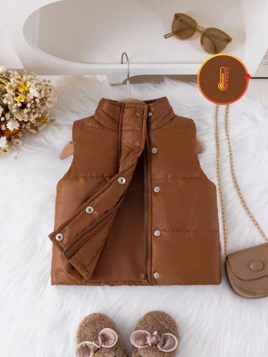 SHEIN 1 件婴幼儿男女款时尚简约街头风格棕色夹棉背心夹克,适合日常上学穿着,冬季 - 棕色 - 查看 1