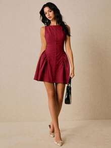 Poéselle Women's Solid Color Button Design Ruched Sleeveless Fashion Mini Dress - Red - View 2