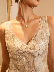 Poéselle 女士迷人修身深 V 领亮片 3D 花朵吊带背心 - 香檳色 - 查看 8