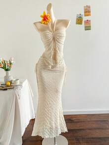 Soleia Women's Elegant Solid Color Halter Neck Spaghetti Strap Hollow Asymmetrical Hem Textured Fabric 2-Piece Set - Apricot - View 3