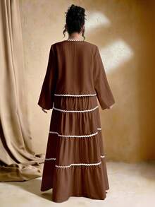 SHEIN Tall 加大码女式编织纹理长袖开衫，搭配系带腰带，撞色荷叶边下摆设计，松紧腰长裙，法式优雅浪漫两件套 - 巧克力棕 - 查看 2