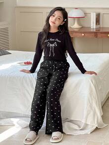 DAZY 2 件 Tween Girl 图案印花圆领长袖 T 恤和全印花裤家居服套装，秋季 - 黑色 - 查看 5