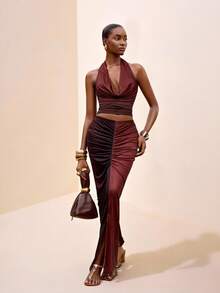 Zivah Summer Vacation Holiday Brown Stripe 2 Pieces Set,Seksi Chic Draped Neck Tie-Up Top & Ruched Long Slit Skirt,Tie-Dye Ombre Print 's Wear - Brown - View 9