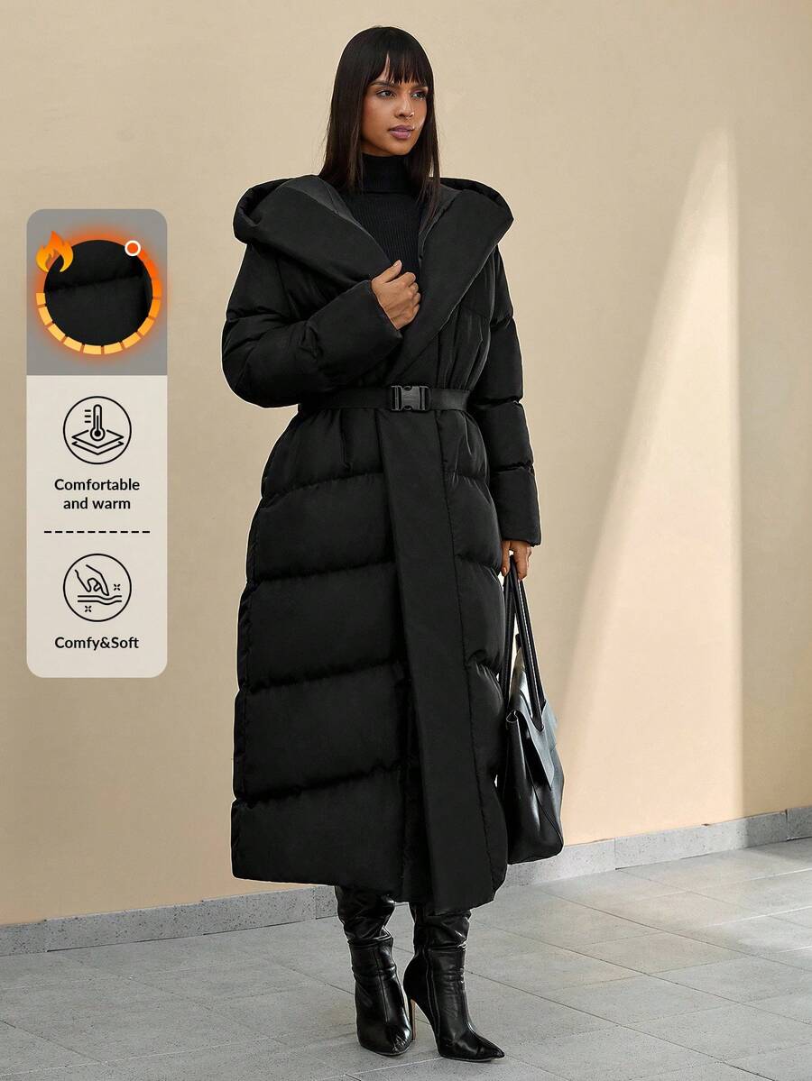 CLARA VERO Belt DETAILED FUR ADDED LONG WINTERCOAT - Black - View 1