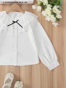1pc Girls' White Large Lapel Pleated Double-Layer Lace Ruffle Collar Button Front Bow Cuff Lantern Sleeve Elegant Princess Blouse, Spring/Autumn (Sibling Outfits Matching Outfits, 2 Pieces Sold Separately)