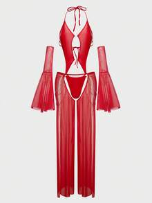 Fantasy Costume 3件套金属装饰链网布拼接PU性感内衣套装 - 紅色 - 查看 8