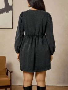 Zelara Vestido casual de talla grande para mujer con bolsillo, mangas de linterna y decoración de lazo en unicolor - Negro - Ver 2