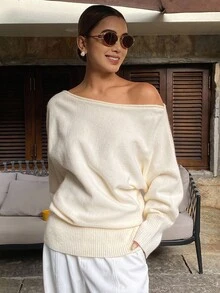 Livesso 女士宽松商务休闲斜领套头针织毛衣，简约时尚办公室穿着，秋冬 - 米色 - 查看 2