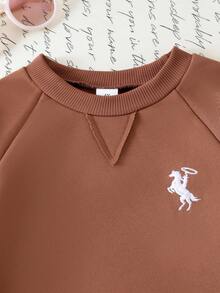 Elladie kids 2pcs/Set Girls Casual Solid Color Raglan Sleeve Sweatshirt And Pants Set, Knitted Crew Neck Outfit Fall Winter - Brown - View 4