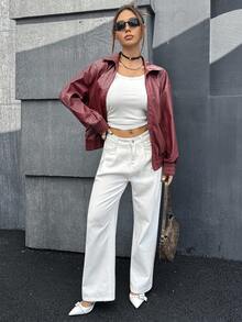 SHEIN ICON 女式长袖PU皮革拉链休闲棒球夹克秋季女装 - 酒紅色 - 查看 5