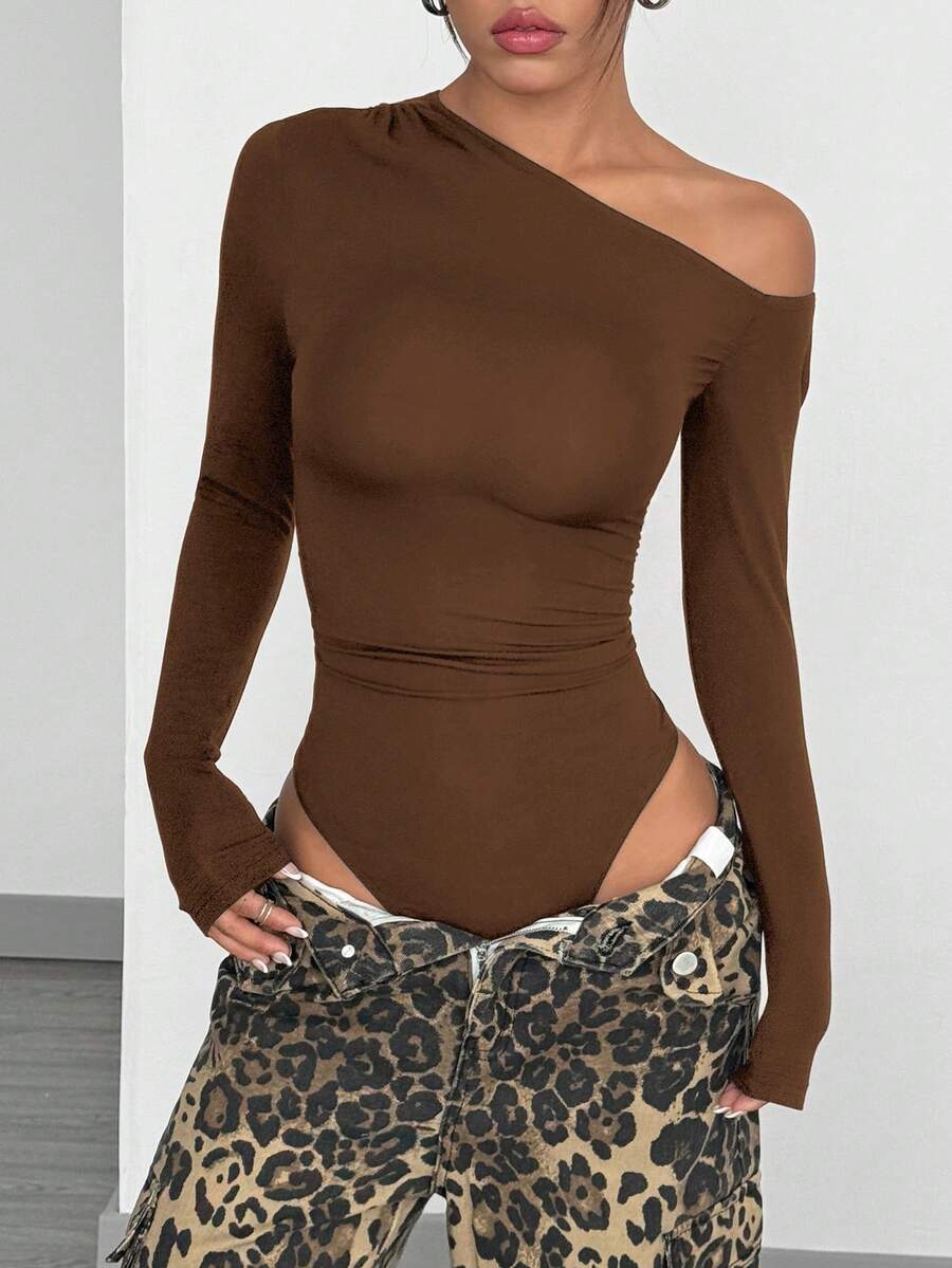 SHEIN EZwear 女士棕色紧身斜肩长袖连体衣 - 棕色 - 查看 1