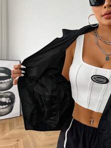 SHEIN EZwear Áo khoác dệt kim màu đen có khóa kéo thường ngày mùa thu dành cho nữ - màu đen - Xem 6