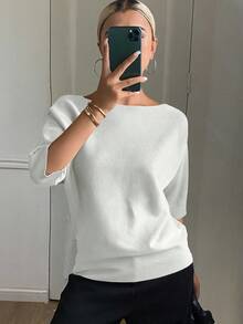 DAZY 女士纯色修身船领半袖休闲优雅针织上衣，秋冬款 - 白色 - 查看 3
