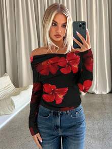 Aloruh Women's Elegant Black And Red Flower Allover Print Open Shoulder T-Shirt, Asymmetrical Cinched Waist Long Sleeve Top For Autumn Night Out Party - Multicolor - View 6