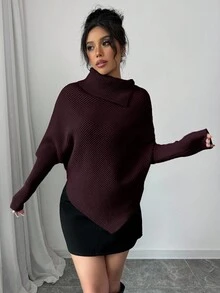 Elenzga Suéter de punto de cuello alto de unicolor con mangas de murciélago asimétricas para mujer, de moda y versátil para vacaciones y días festivos - Red Plum - Ver 6