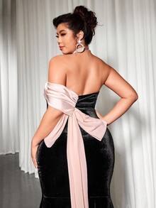 Cravure 大码花卉拼布露肩修身鱼尾连衣裙 - 黑色 - 查看 3