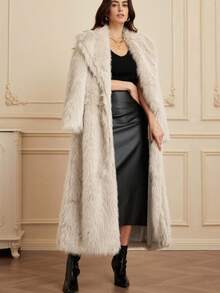 Aveloria Rosie Fashionable Oversized Faux Fur Collar Long Jacket For Women - Grey - View 7