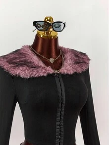 Amplova Y2K Amplova Women's Fashion Black Color Fur Collar Splicing Block Faux Fur Patchwork Short Jacket Black Jacket Women Goth Women Clothes Black Crop Jacket Autumn Winter Clothes For Women