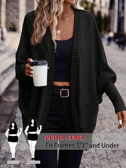 SHEIN PETITE CURVE Plus Size Solid Color Open Front Batwing Sleeve Jacket, Autumn/Winter