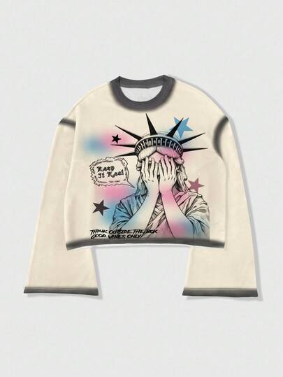 Street Life Men's Casual Portrait Pattern Contrast Trim Flare Sleeve T-Shirt, Autumn