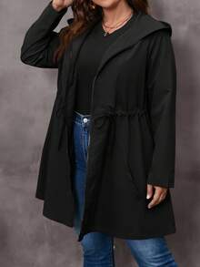 EMERY ROSE Chaqueta larga con capucha con cremallera, cintura con cordón, unicolor, estilo casual y cómodo para mujer de talla grande - Negro - Ver 4