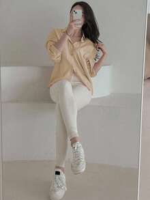 DAZY 女士休闲宽松纯色长袖衬衫，春秋装，秋季女装 - 卡其色 - 查看 4