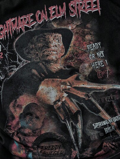 A Nightmare on Elm Street X ROMWE Women's Letter & Figure Graphic Asymmetric Neckline Long Sleeve T-Shirt