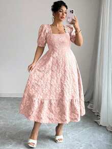 Elenzga Vestido diario y de fiesta elegante de manga abullonada con ajuste ceñido y vuelo para mujer talla grande, elaborado con tela jacquard con estampado de margaritas