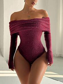 SHEIN Unity 秋冬款厚款露肩高领长袖紧身衣 - 酒紅色 - 查看 6