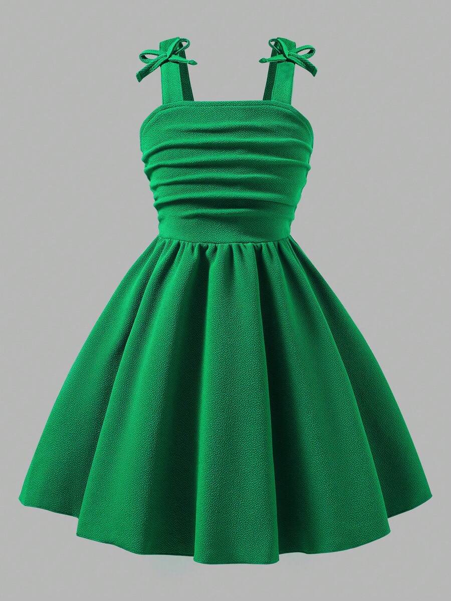 Girls Elegant Solid Color 3D Bow Shoulder Ruffle Strap Dress, Suitable For Outings, Parties And Events, Spring/Summer - Green - View 1