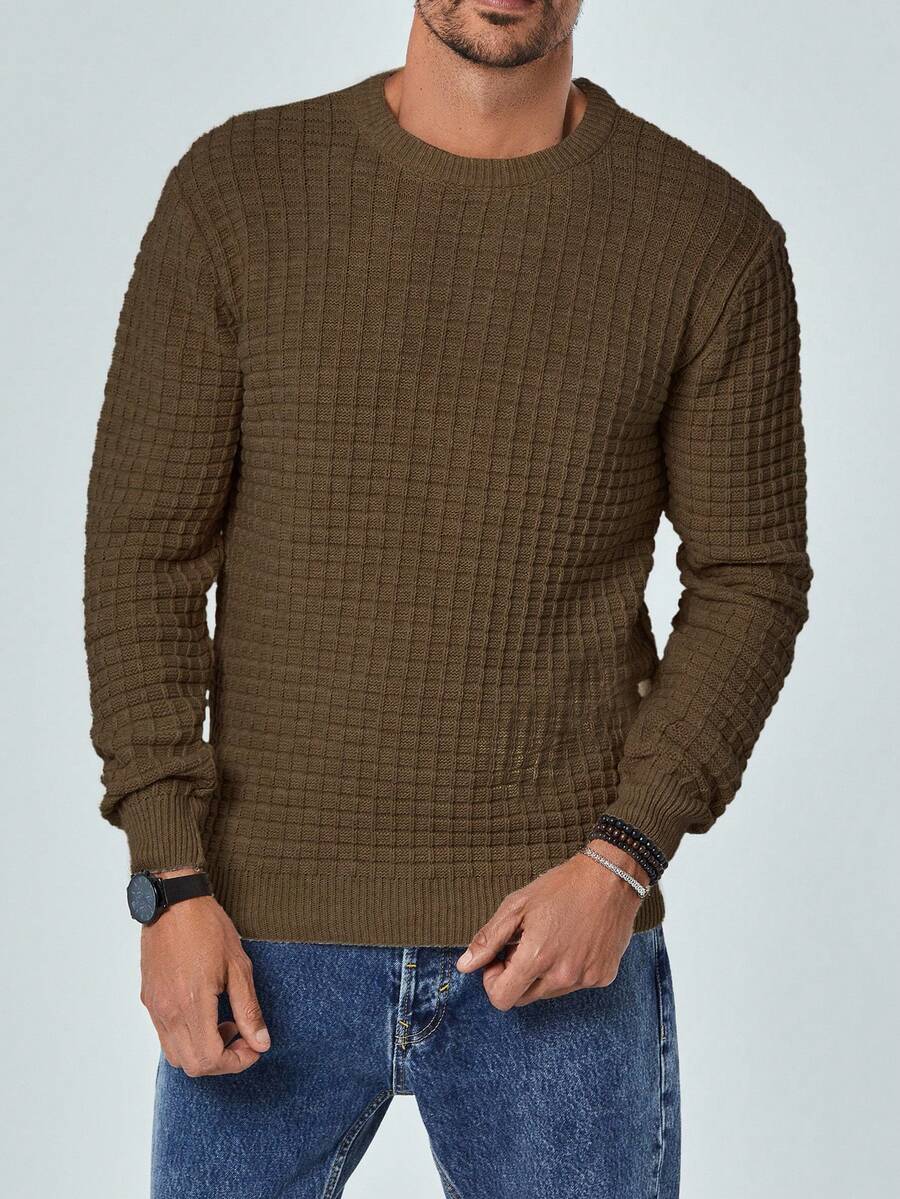 EURMUSE Suéter básico casual de cuello redondo de manga larga para hombre - Marrón Chocolate - Ver 1