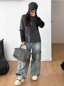 Coolane 女式冬季/秋季街头休闲嬉皮学院风垃圾摇滚朋克哥特棉质图案超大长袖 T 恤 - 深灰色 - 查看 7