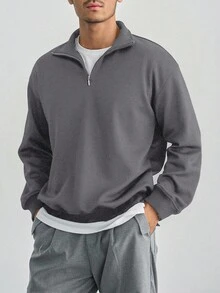 Men's Burgundy & Grey Half-Zip Pullover Sweatshirt, Autumn - Grey - View 4