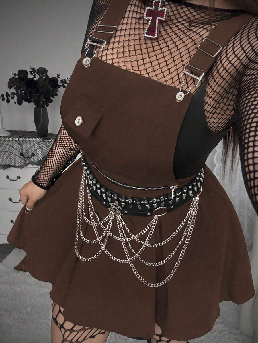 SHEIN Whyspr Plus Size Halloween Fashionable Dark Style Suspender Dress - Khaki - View 1