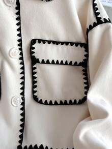 SHEIN Teen Girls Casual Two-Tone Edge Trim Short Jacket, Autumn Short Cardigancrop Cardiganblack And White Jacketcardigan White,White Solid Jacket, Back To School Season, Warm Winter Jacket, Girls Jacket - Apricot - View 4