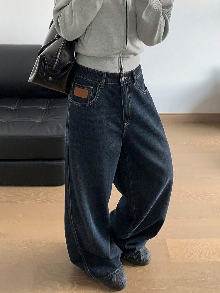 Women Straight Leg Casual Solid Denim Jeans,Baggy Jeans