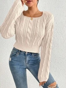 EMERY ROSE Suéter de cuello redondo de manga larga con patrón de cable, informal, para otoño/invierno - Albaricoque - Ver 4