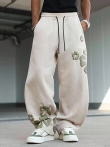 Manfinity Hypemode Men's Letter & Floral Print Drawstring Waist Pockets Wide Leg Loose Casual Sweatpants, Flower Pants Men, Men Sweatpants Baggy, Cream Joggers Men, Joggers With Flowers, Sweatpants With Flowers, 2000s Style