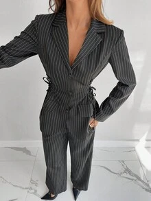 Siren Gaze 女士秋冬梭织条纹修身西装套装 - 灰色 - 查看 4