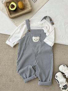 SHEIN 男婴/女婴秋冬套装，连体裤，可爱小熊刺绣黑白条纹背带裤连体衣，舒适百搭时尚休闲基础款，适合室内、户外滑雪、日常穿着、运动、玩耍、派对、节日、万圣节、圣诞节、新年等场合。男婴黑白套装，可爱男女宝宝服装。 - 黑與白 - 查看 4