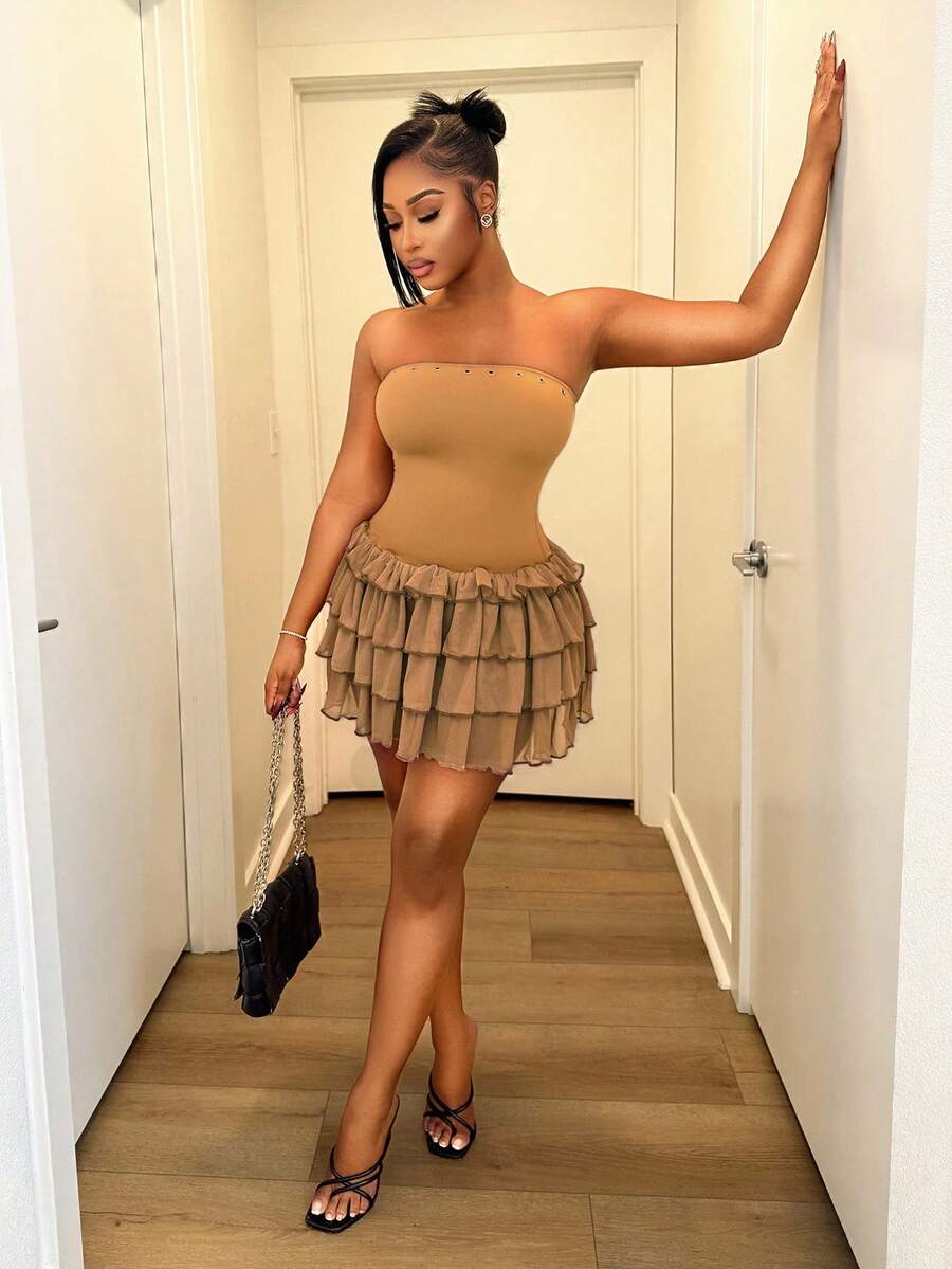 BamGleam Vestido mini con bandeau de múltiples capas, sexy y de moda para mujer - Caqui - Ver 1