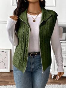 EMERY ROSE Plus Size Women Solid Color Knitted Mock Neck Cable Knit Collegiate Style Zip Front Vest, Autumn/Winter - Olive Green - View 1
